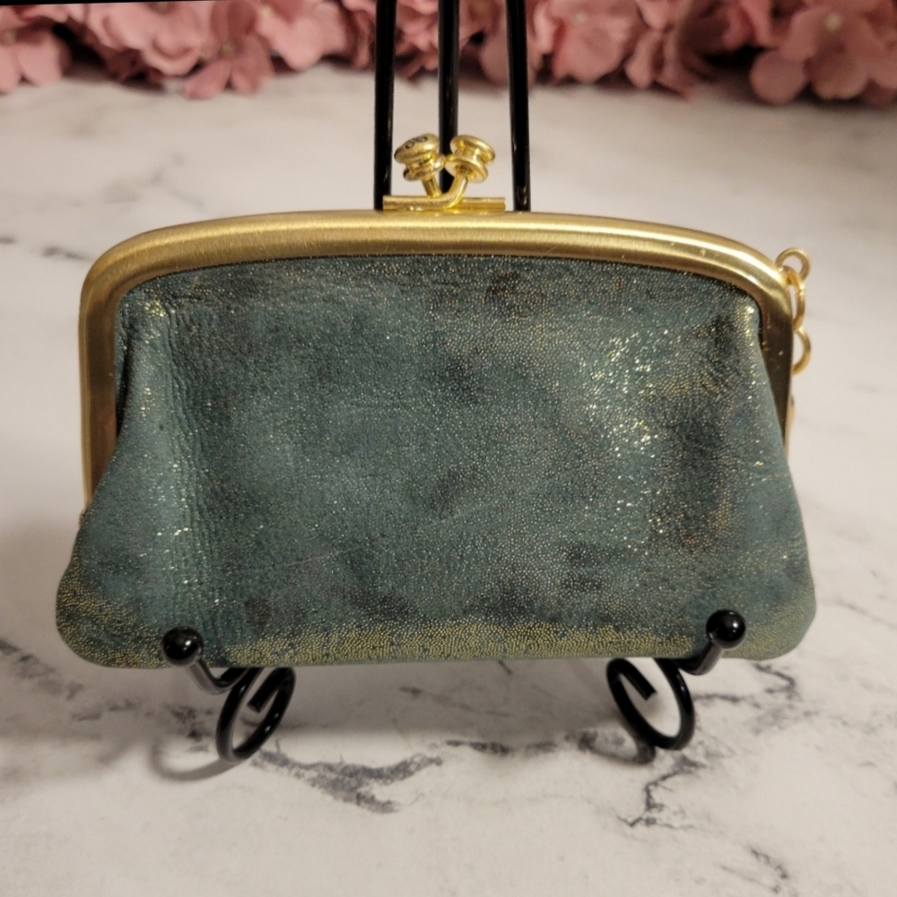 HOBO Sparkling Emerald Green Small Kisslock Metallic Leather Pouch